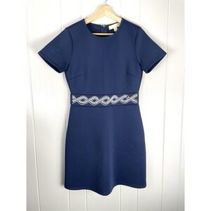 Michael Kors Size M White Grommet Trim Midi Dress Navy‎ Blue Stretch Women's M
